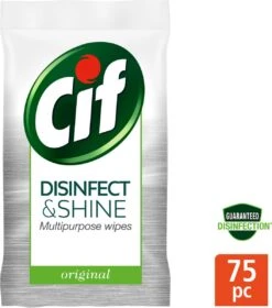 Cif Disinfect & Shine Wipes Doden 99,99% Van De Bacteriën Original Desinfecterende Schoonmaakdoekjes, Van 100% Biologisch Afbreekbaar Textiel 5 X 75 Doekjes -Schoonmaakproducten 1059x1200