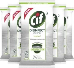 Cif Disinfect & Shine Wipes Doden 99,99% Van De Bacteriën Original Desinfecterende Schoonmaakdoekjes, Van 100% Biologisch Afbreekbaar Textiel 5 X 75 Doekjes -Schoonmaakproducten 1200x1111