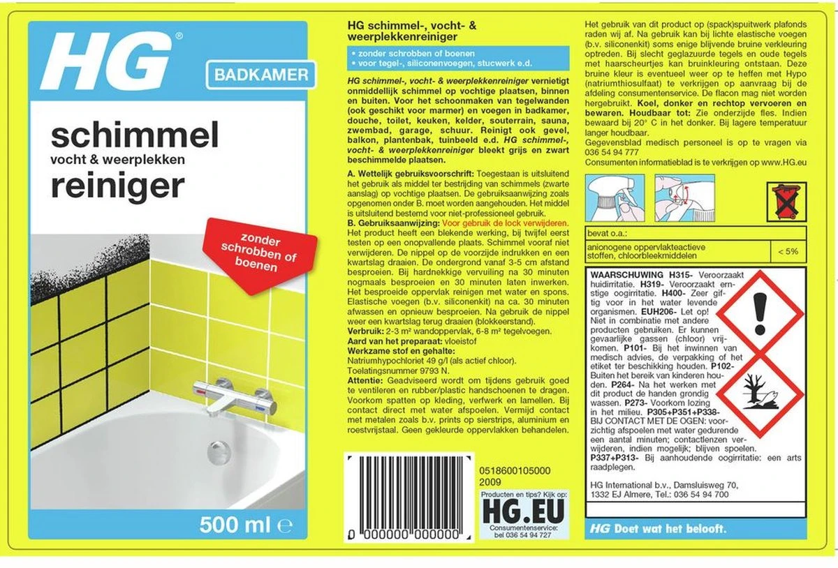 HG Schimmelreiniger - 500ml - De NR 1 Schimmelverwijderaar - Vernietigt De Hardnekkigste Schimmel - Geschikt Voor De Badkamer, Tegel-, Siliconenvoegen, Stucwerk 2 HG Schimmelreiniger - 500ml - De NR 1 Schimmelverwijderaar - Vernietigt De Hardnekkigste Schimmel - Geschikt Voor De Badkamer, Tegel-, Siliconenvoegen, Stucwerk - Afbeelding 2